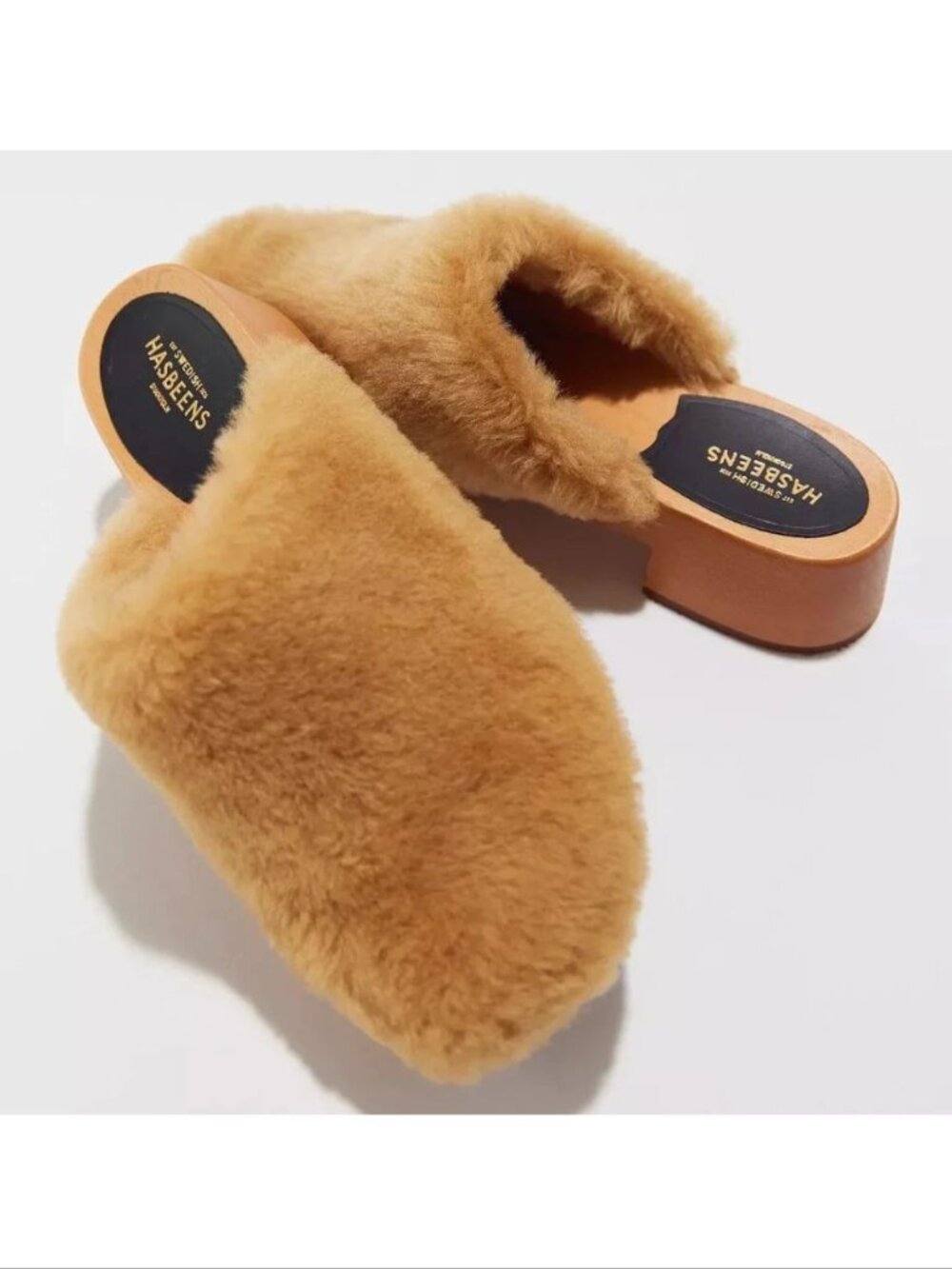 Swedish Hasbeens Fluff Slip On CLOGS Size 41 10.5 11 Shearling Wood NEW $340